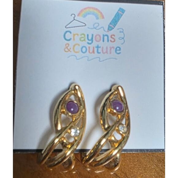 Vintage AVON 1980s Purple Stone Rhinestone Semi Hoop Goldtone Pierced Braided - Picture 1 of 2